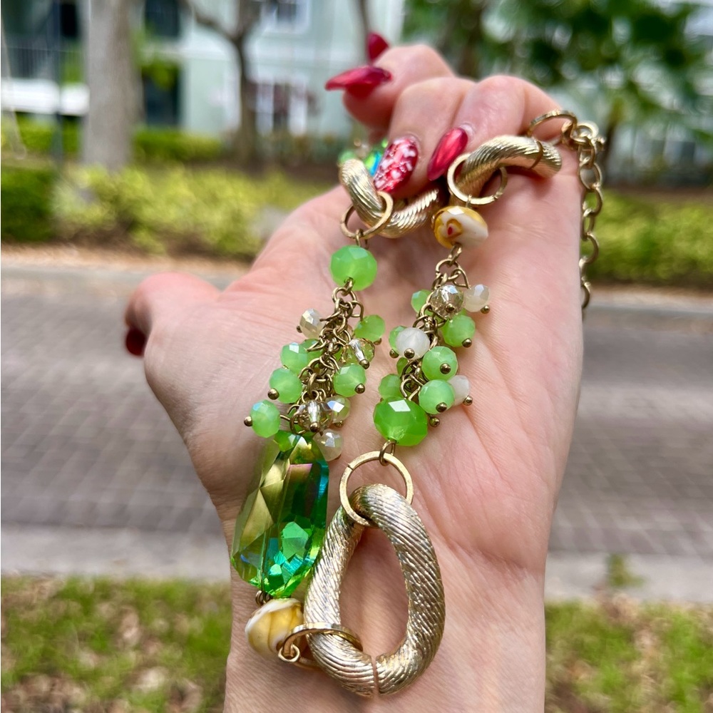 Vintage Gold Link Green Glass Necklace Jewelry Beads Cocktail Y2K Statement Rare - Picture 13 of 14